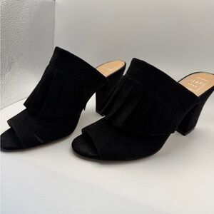 Kaari Blue Black Suede Open-Toe Fringe Mules